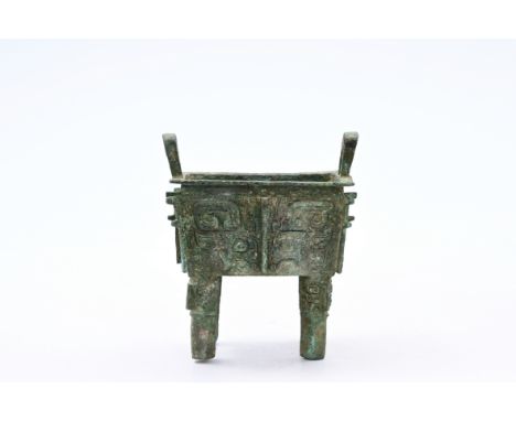 A Chinese bronze ritual food cauldron, 'fangding', probably ShangH 19 - L 17 - D 14,5 cmProvenance:- The collection of Mr. an