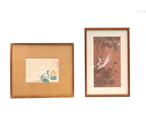 A Chinese silk painting and a Japanese woodcut, 19th C.Work: 24,5 x 18 cmFrame: 46 x 39,2 cmWork: 37,5 x 20,5 cmFrame: 50,3 x