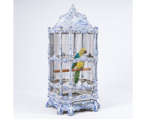 An exceptionally large blue and white Delft style pottery birdcage, Boch Frères Kéramis, Chambre des Peintres, 19th C.H 119 c