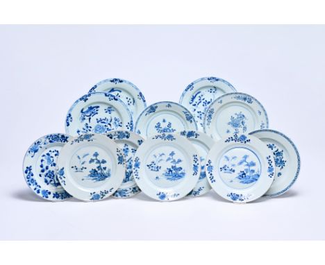 Twelve Chinese blue and white plates with floral design and landscapes, Kangxi/QianlongDia.: 24 - 22,6 cm (the largest and th