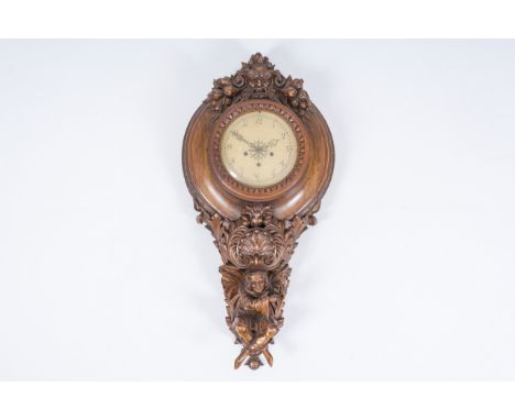An imposing large wooden wall clock crowned with a satyr head and supported by a musician, 19th C.H 98 cm