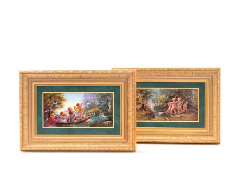 A pair of rectangular framed porcelain plaques with putti in an amorous context, L.M & Cie Creil et Montereau, France, 19th/2