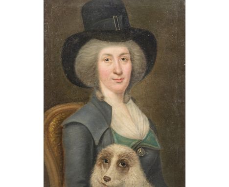 European school: Portrait of a lady with her dog, oil on canvas, first half 19th C.Work: 64,5 x 48,5 cm Frame: 72 x 57,5 cm
