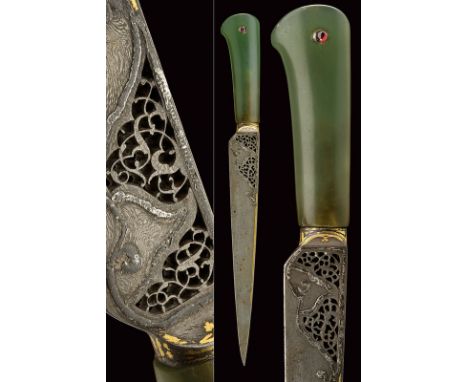 An interesting jade hilted kard dating: 18th Century provenance: Persia Straight, single-edged blade of fine damask, the base