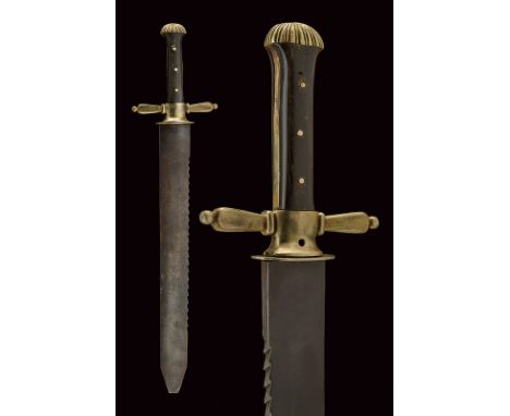 A saw-back short sword dating: 19th Century provenance: Europe Straight blade with single edge, tip (one part missing) and sa