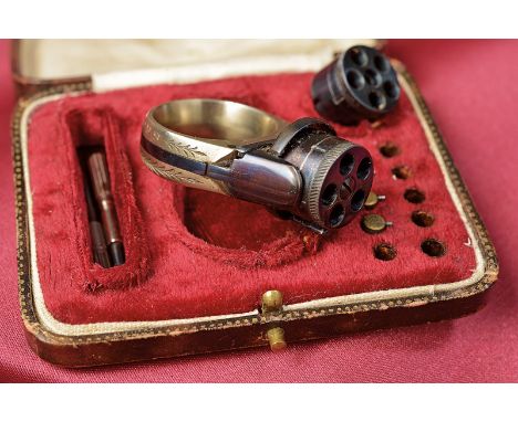 A cased "The five Aces" pin fire ring pistol dating: 19th Century provenance: France Iron and silver, blued; the back marked 