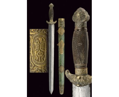 A jian (sword) dating: 19th Century provenance: China Wide, straight, double-edged blade, ribbed at the centre; brass hilt, s