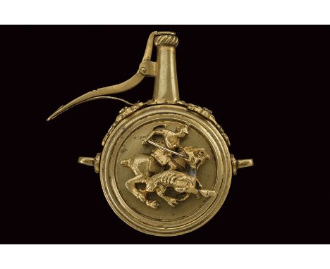 A powder-flask dating: 19th Century provenance: Europe Round, brass body, the front decorated in high relief with the effigy 