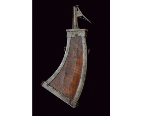 A powder-flask dating: 17th Century provenance: Germany Curved, wooden body with iron mounts; belt hook. dimensions: length 3