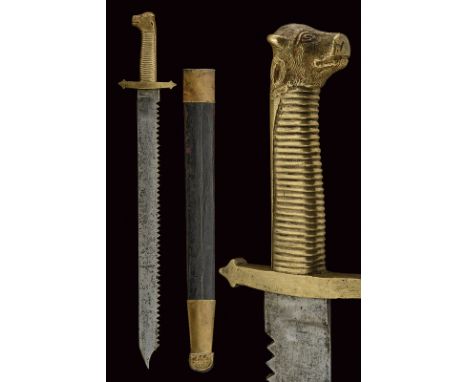 A pioneer's short sword dating: mid-19th Century provenance: Italy Straight, single-edged blade with hollow tip and saw-back.