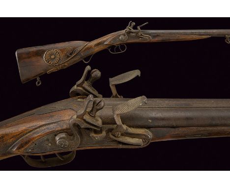 A double-barrelled flintlock gun dating: circa 1800 provenance: Italy Smooth, round, 17 mm cal. barrel with rib and foresight
