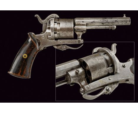 A pin-fire revolver dating: 1875-1890 provenance: Europe Octagonal, rifled, 7 mm cal. barrel, with foresight, the base stampe