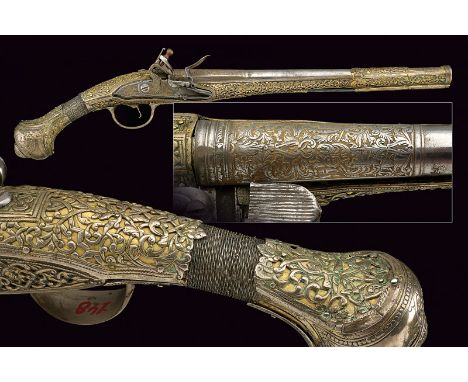 A fine flintlock pistol dating: second quarter of the 19th Century provenance: Turkey Smooth, round, 16 mm cal. barrel with s
