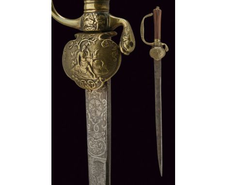 A hunting hanger dating: 18th Century provenance: Germany Straight, single-edged blade with wide fuller, engraved with deer, 