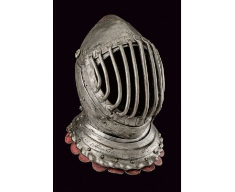 A "Gioco del Ponte" helmet dating: 17th Century provenance: Italy Burgonet-like helmet, adapted for the famous Gioco del Pont