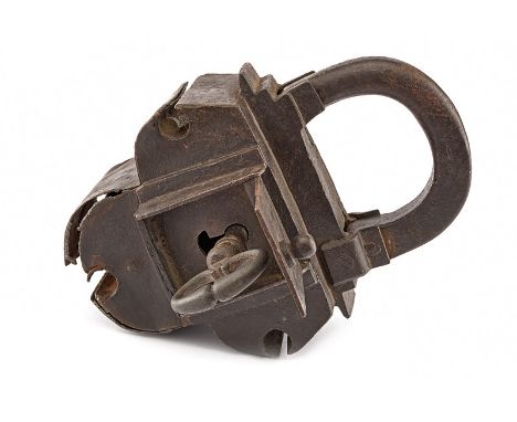 A big door lock with key dating: circa 1700 provenance: Italy Iron key shaped as a clover, at the centre of the lock the gate