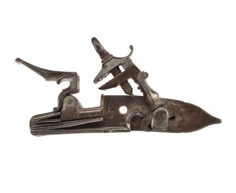 A roman style left lock dating: 18th Century provenance: Central Italy Flintlock; with smooth, flat plate, the hammer engrave