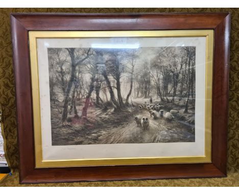 Large framed black and white plate Droving Sheep pencil signed by the artist Joseph Farquharson with impressed mark print sel