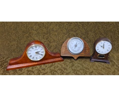 A mahogany inlaid wall hanging aneroid barometer and 2 modern wall clocks.