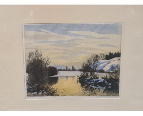 Hans Frank woodcut print, winter scene 35cm x 35cm.