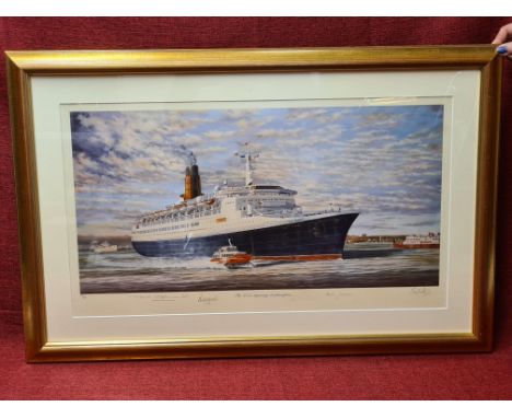 Limited edition print QE2 departing Southampton 770/850, singed by the artist S.W.Fisher and 4 previous captains.  90cm x 59c