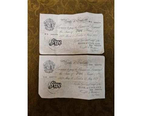 A pair of 1949 reproduction single side print £5 notes.