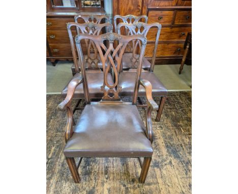 A set of 5 Chippendale style chairs, mahogany frames with pierced and carved backs with brown hide seats.