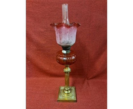 Victorian brass and cranberry glass oil lamp with fluted cranberry vessel, Duplex burner and superb etched cranberry shade.