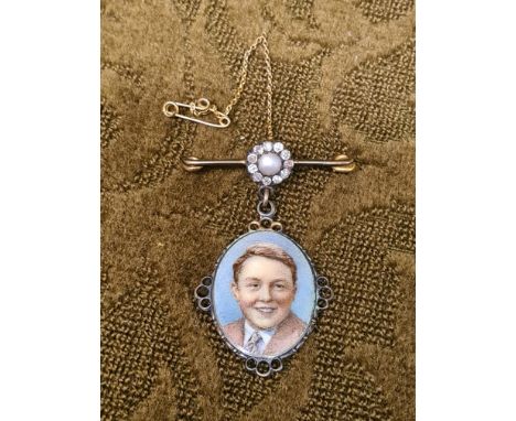 1920's silver gilt enamel brooch with young man portrait, on gilt pearl and diamond pin.