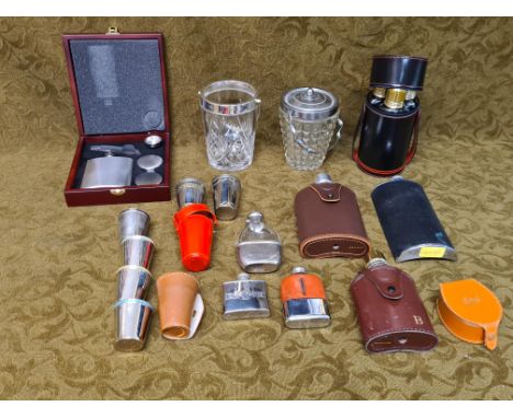 Spirit flasks, hip flasks, stirrup cups, ice pails and pewter hip flask set.