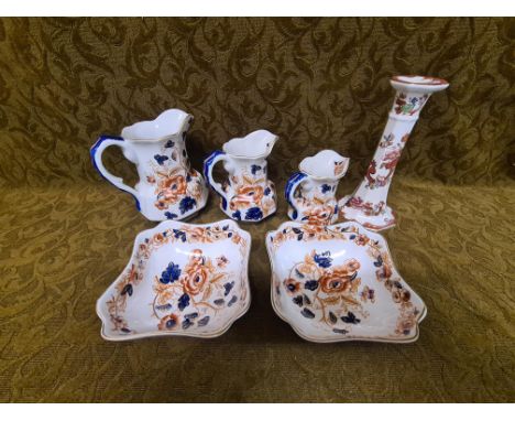 Wedgwood Windermere graduated jugs, 2 matching bowls and a Masons Manderlay red candlestick, all in good condition.