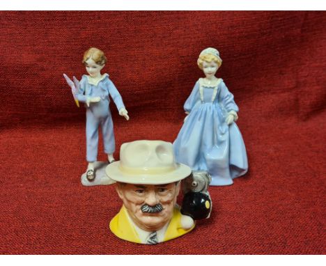 Royal Worcester figurines by F.G. Doughty "Grandmothers Dress" and "The Parakeet" with Royal Doulton "The Bowls Player".