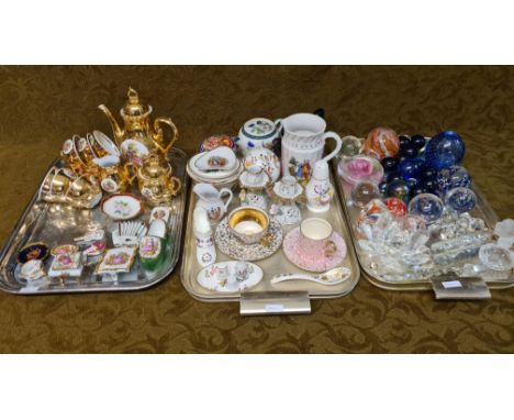 3 small trays decorative pottery, porcelain and glassware, Limoge, Dresden, Wedgwood, Mintons, etc.