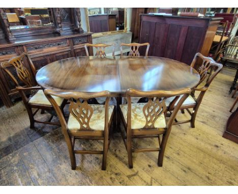 G.T. Rackstraw mahogany table and 6 chairs, super quality, twin pedestal extending dining table with crossbanded top with 6 C