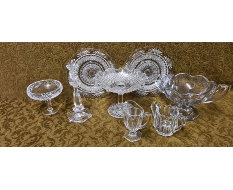 Edwardian pressed glass dessert comport and plates, Jacobean pressed glass trophy bowl and matching sugar and milk jug, cut b