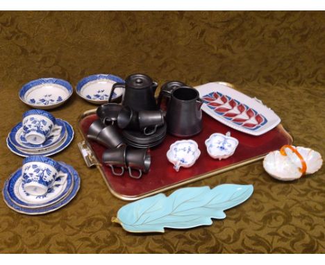 Prinknash coffee set, 2 piece Doulton Booths Willow breakfast set, Carltonware luster leaf dish and Copenhagen onion pattern 