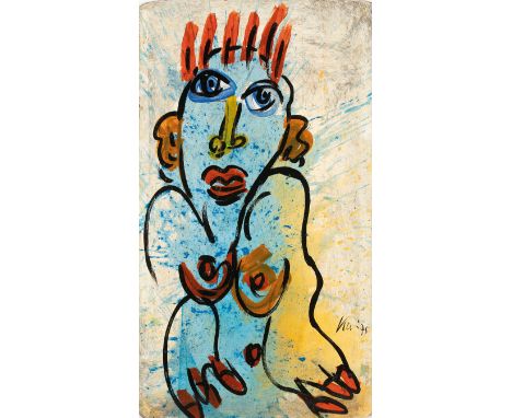 PETER ROBERT KEIL* (geboren 1942 in Züllichau)Blauer Akt mit Stehfrisur, 1975Öl/Pressspanplatte 117 x 66 cmsigniert und datie