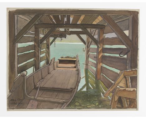 FRANZ WACIK (Wien 1883 - 1938 Wien)Bootshaus in Hallstatt, 1934Gouache und Kohle/Papier 31,1 x 39,9 cmsigniert FRANZ WACIKver