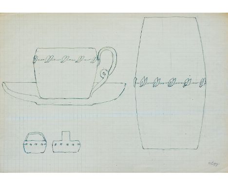 JOSEF HOFFMANN* (Pirnitz 1870 - 1956 Wien)Teetasse und Vase mit BlätterkranzTinte/Papier 20,7 x 29,5 cmverso Atelierstempel J