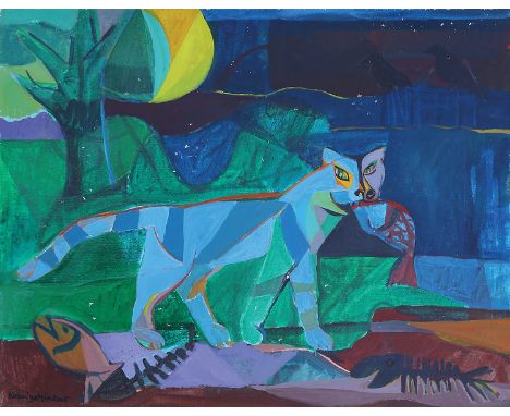 GEORG KÖNIGSTEIN* (geboren 1937 in Wien)Katze im Mondlicht, 2005Acryl/Karton 40 x 50 cmsigniert Koenigstein, datiert 2005vers