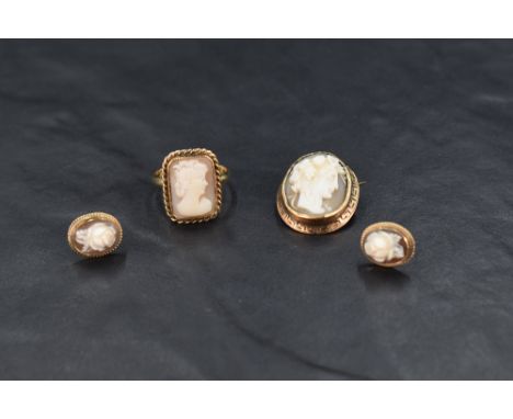 Three pieces of cameo jewellery including earrings, ring and brooch
Condition report: The ring is marked 9ct, the brooch is u