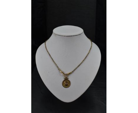 A yellow metal belcher link watch chain bearing plaque marked 9C with a 9ct rose gold medallion, approx 9.6g
