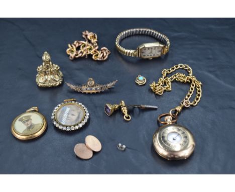 A leather bound trinket box containing a selection of rolled gold jewellery including small half hunter pocket watch, chains,