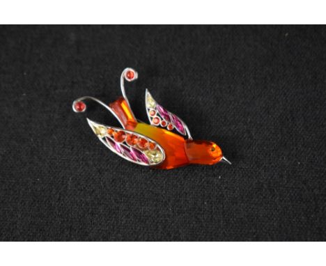 A Daniel Swarovski Fire Opal bird brooch bearing Swarovski backstamp and 925 sterling silver hallmark, with case &amp; box