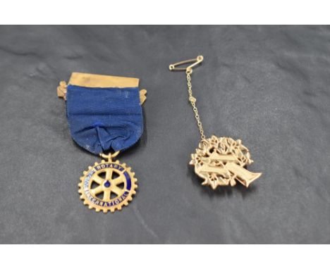 Two 9ct gold club brooches including Women's Institute &amp; Chorley Rotary club, approx 18g gross