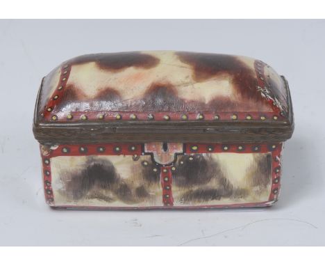 A George III South Staffordshire enamel box, as a pony skin trunk, hinged cover, 7.5cm wide, c.1775 