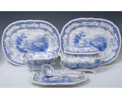 A Mintons Chinese Marine pattern oval meat plate, with well, printed in underglaze blue with pagodas, willow and boats, gadro