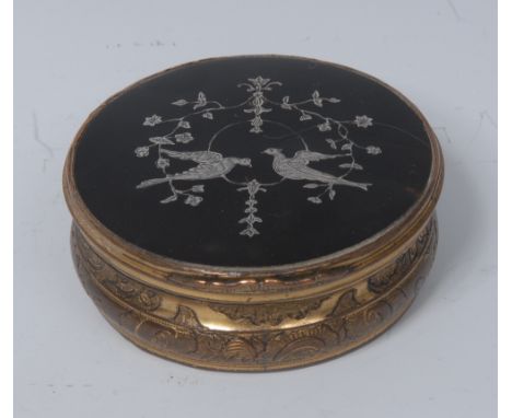 An 18th century gilt metal waisted circular snuff box, stand-away hinged cover set with a later tortoiseshell and silver piqu