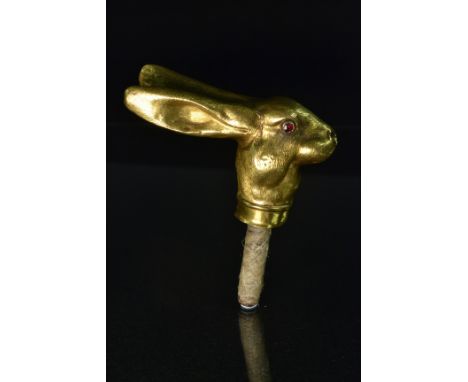  A fine 19th century French 18ct gold walking stick/cane handle, modelled as a hare's head, with ears back, inset with old cu