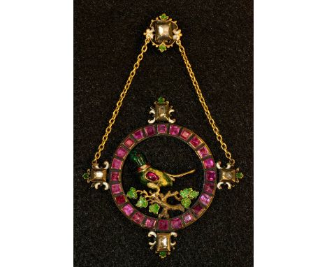 An impressive 18th/19th century diamond, ruby, emerald and enamelled reversible pendant, central bird upon a branch with carv